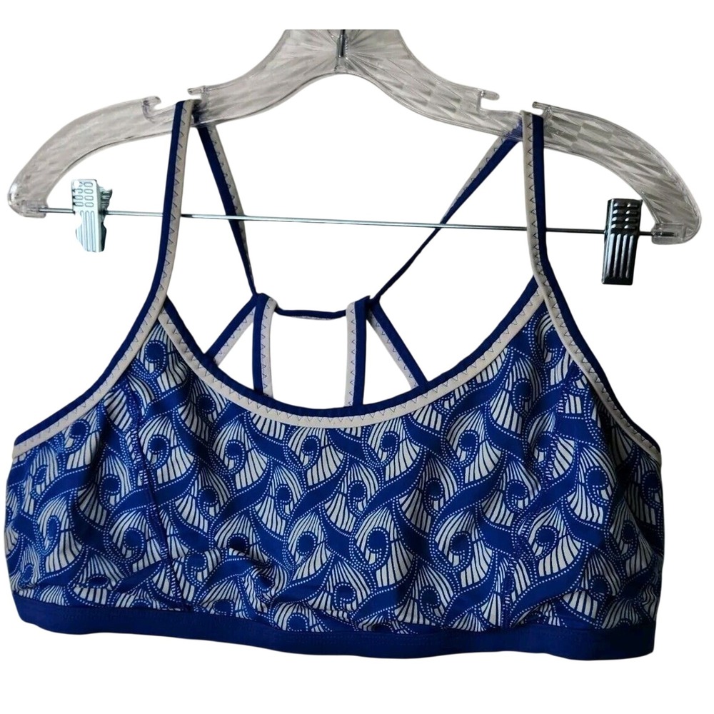 Lands' End Bikini Top Women 16 Blue White Geometric Shell Strappy Racerback Swim